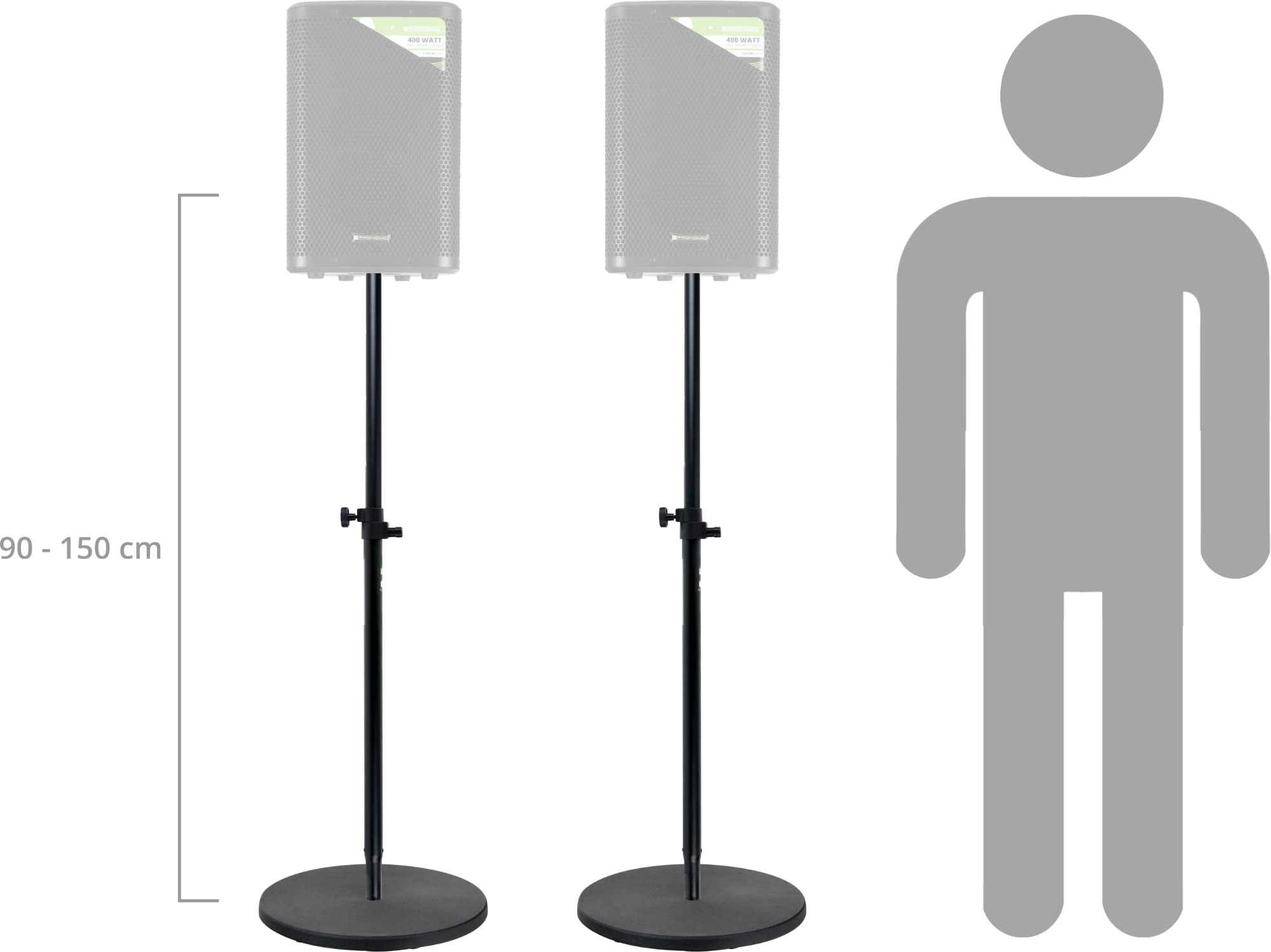 Soporte para Altavoz Pronomic 150cm con Base Redonda Set de 2, Plato | Bases redondas pesadas para barras de separación de altavoces, Con rosca M20, De hierro fundido, Diámetro: 44 cm, Peso: 9