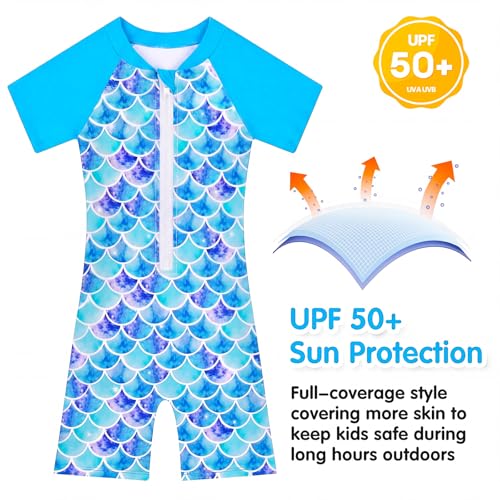 Image of Girls One Piece Swimsuit UPF 50+ Rash Guard with Front Zipper for Ages 3-14