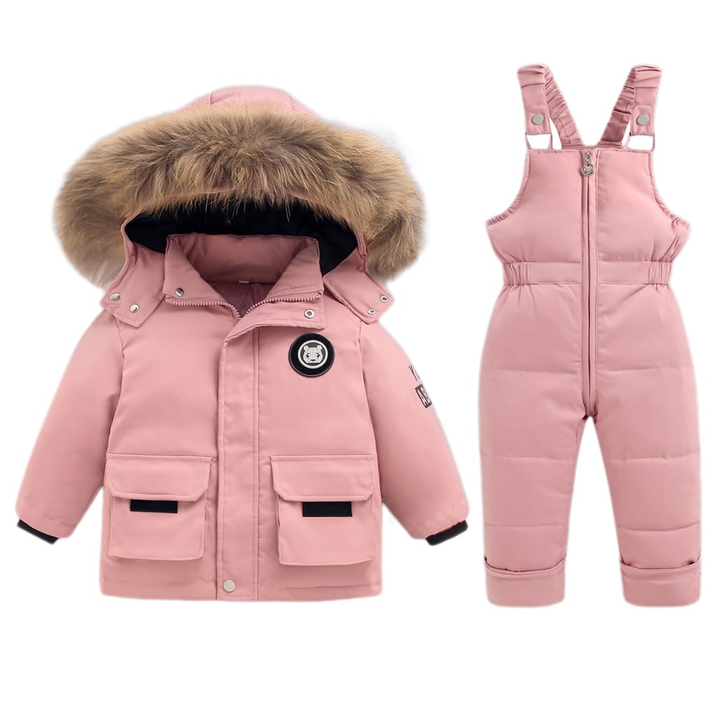 Niño Traje de Nieve Invierno Bebé 2 Piezas Chaqueta de PlumóN Abrigo con Nieve Babero Pantalones Niñas Traje de Esquiar Ropa Rosa 2-3 Años