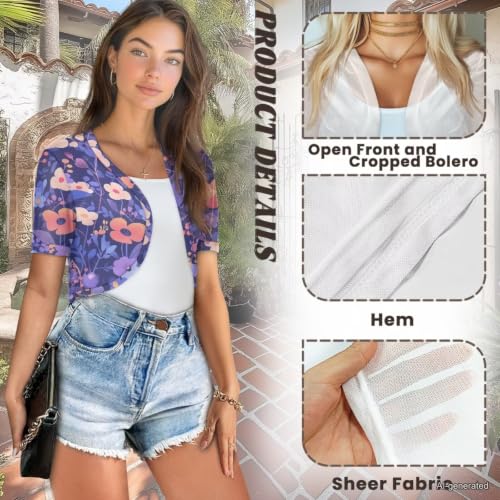 Image of Womens Short Sleeve Cardigans Lightweight Summer Cardigan Trendy Bolero Shrug Cute Floral Cardigan Sheer Bolero