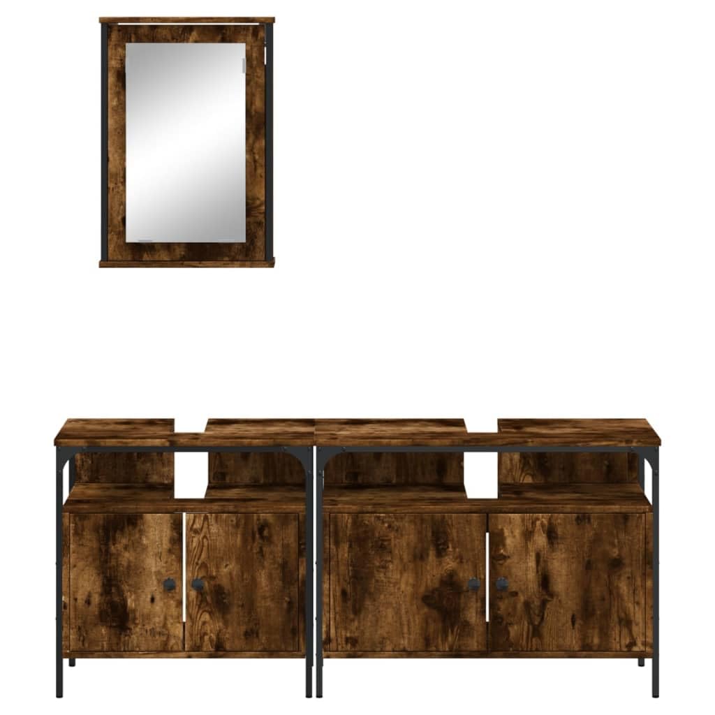 3-TLG. Badmöbel-Set Räuchereiche Holzwerkstoff mit Waschbeckenunterschrank und Spiegelschrank, viel Stauraum, platzsparendes Design, klare Spiegelglasfläche für Make-up und Rasur,