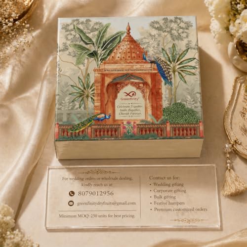 Image of Greenfinity Rakhi Special Dry Fruits Gift Hamper for Brother & Sister | | With Rakhi Thread, Roli Chawal & Greeting Card | Rajasthani Gift Box |Luxury Roasted Pistachios, Almonds, Cashews & Cranberries (200g x. 4) 800g.
