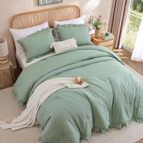 Image of JANZAA Sage Green Comforter Set Queen - Soft Microfiber, Lightweight All Season Bedding, Ruffle Shabby Chic Aesthetic, Breathable Cozy Bed Set with 2 Pillow Shams, Machine Washable