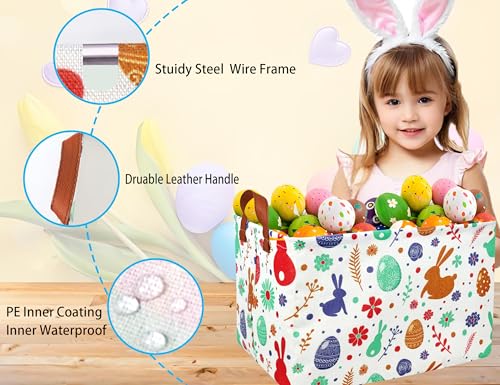 Image of Rectangle Empty Easter Baskets Boy Large Toy Storage Bin Girls collapsible Hamper Waterproof Canvas Box Kid Gifts Spring Decor( boho Red Rabbit )