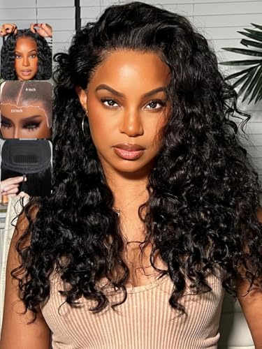 Image of KLAIYI Water Wave Pre Everything 13x4 HD Lace Frontal Human Hair Wig with Baby Hair Drawstring Glueless Pre Plucked Bleached Bye Bye Knots Curly 30S Ready to Wear and Go Wig Beginner Friendly 14Inch