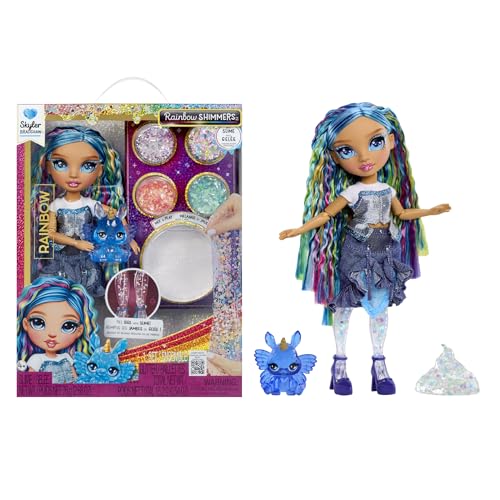 RAINBOW HIGH Rainbow Shimmers con Slime - Skyler, Azul - Muñeca de Moda de 28 cm, Viene con un Kit de Limo y un Conejito de Mascota, Apto para Niños Mayores de 4 Años