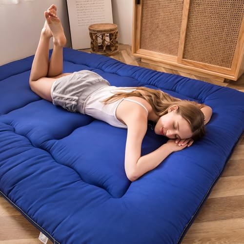 Image of MAXYOYO Japanese Shiki Futon Mattress Floor Mattress Thicken Tatami Mat Sleeping Pad Roll Up Mattress Floor Lounger Folding Couch Mattress Pad for Guest Room, Royal Blue, King Size
