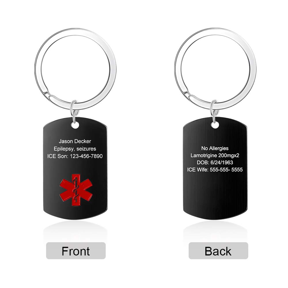Jewelstruck Personalized Medical Alert Keychain for Women & Men - Custom Emergency ID Tags - Black