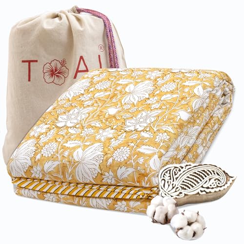 Image of TOAIArt Premium Jaipuri Dohar | AC Blanket Summer Quilt | Hand Block Printed | 3 Layers | Reversible | 150GSM 100% Mulmul Cotton | 100% Cotton Flannel Filling | Single 60 inch X 90 inch |Mustard Kalamkari
