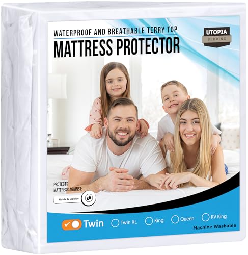 Image of Utopia Bedding Waterproof Mattress Protector Twin Size, Premium Terry Mattress Cover 200 GSM, Breathable, Fitted Style with Stretchable Pockets (White)