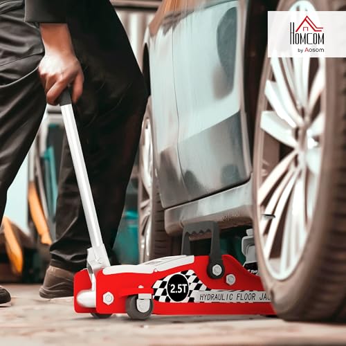 HOMCOM Hydraulic Low Profile Floor Jack, 2.5 Tonne Heavy Duty Steel Trolley Car Jack Lift with 80-360 mm Lifting Range, Wheels, Top Handle, Red - Image 2