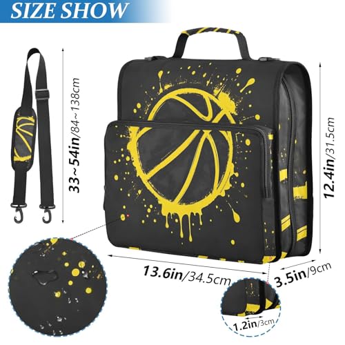 Image of 3 Ring Zipper Binder with Shoulder Strap Yellow Basketball Splash Black 1.5 inch Binders Keeper Large Capacity Multi Pockets for School Office Supplies