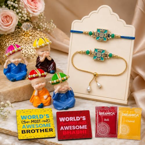 Image of Dreamica Designer Bhaiya Bhabhi Rakhi Set, Monk Buddha Showpiece Set,2 Fridge Magnet, Greeting Card and Tilak Set | Best Rakhi Gift for Brother