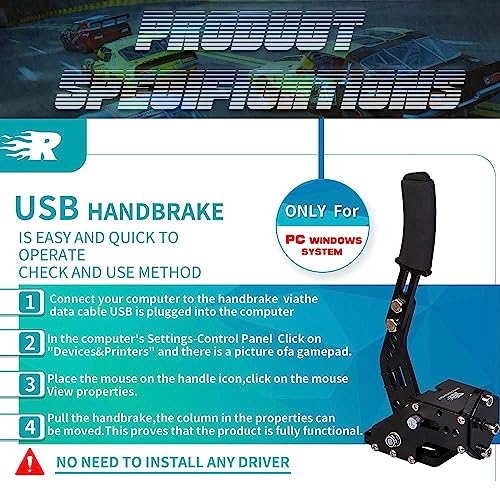 ZHSYMX USB Handbrake for 16Bit SIM PC Racing Games, Compatible with G27 G29 G920 G923 T500 T300 Simulate Linear Handbrake With Fixing Clip and Plate(Only PC System) Black