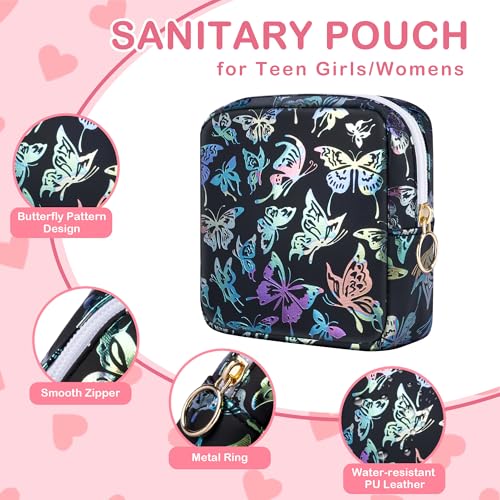 Image of Likesing Period Bag Pouch, Leather Sanitary Napkin Storage Bag for Girls Womens, Portable Sanitary Napkin Period Pad Pouch Bag for Purse (Black-Dancing Butterfly)