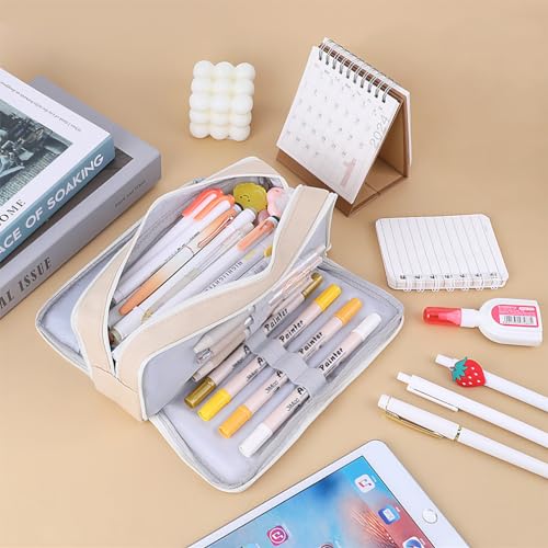 Image of iSuperb 3 Compartments Pencil Case Pouch Big Capacity Pencil Organizer Canvas Holder Oxford Stationery Storage Kids Teen Girls Boys Student School Supplies Cosmetic Makeup Bag