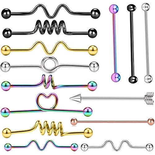14pcs 14G Industrial Piercing Surgical Stainless SteelIndustrial Earrings Barbell for Women Men Cartilage Industrial Bar Body Piercing Jewelry 1 1/2 Inch 38mm (mix style 14pcs)