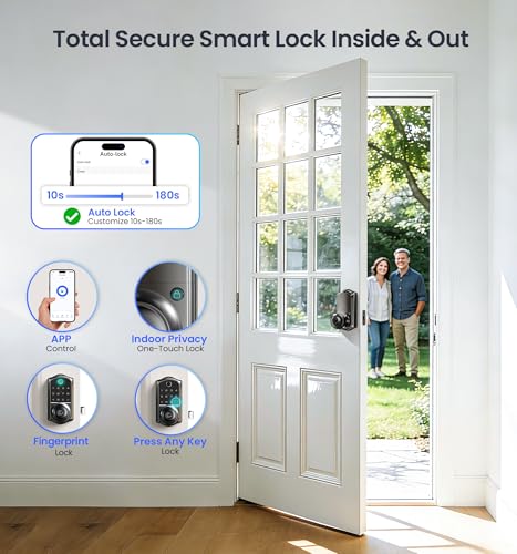 Image of Veise VE018 Smart Knob Handle Lock - Fingerprint, App Control, Keyless Entry for Front Door and Bedroom, Electronic Digital Keypad, Auto Lock, Remote Access Sharing, Easy Installation, Matte Black