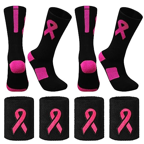 Hercicy 16 Pcs Breast Cancer Awareness Socks and Wristbands Set 4 Pairs Breast Cancer Football Socks Pink Ribbon Socks 4 Pairs Wrist Sweatbands for Women Youth Athletic Support Accessories