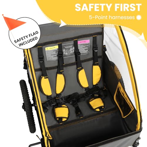 Image of Sepnine Kids Bike Trailer, Suitable for 1 to 2 Kids, 12+ Months, Quick Attach to Bike, Foldable, with 5-Point Harness and Storage Bags