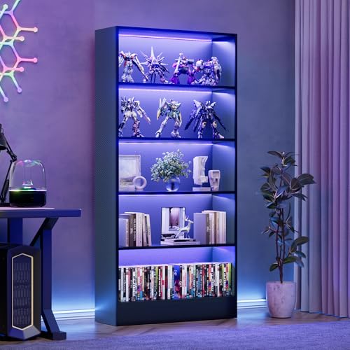 CODACE Tall Wooden Black Bookshelf - Book Shelf with LED Lights Lighted Display Shelf with 5-Tier Shelves Large Display Bookshelves for Collectibles Modern Bookcase for Living Room Bedroom Office