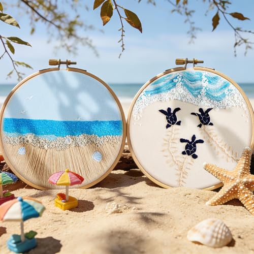 Image of Embroidery Kit for Beginner Adults, Stamped Cross Stitch kits for Adults Beginners, Ocean Hand Embroidery Starter Needlepoint Kit, 2 Set Embroidery Supplies, 2 Hoops (Attached Teaching Video QR Code)
