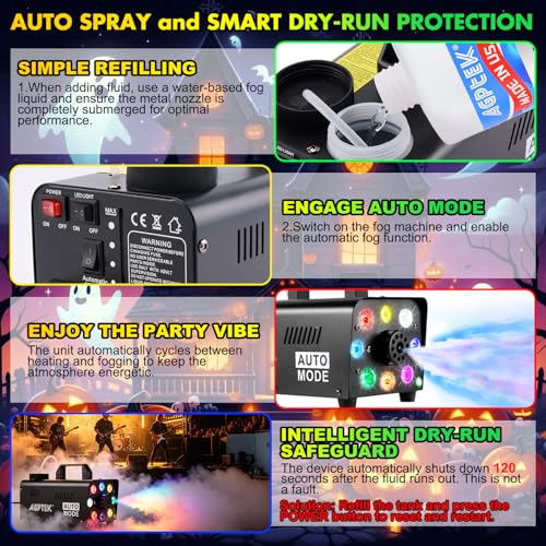 Image of AGPTEK Fog Machine, 500W Portable Led Smoke Machine with Lights (Red, Blue, Green), Upgraded Auto Mode & Wireless Remote Control for Halloween, Christmas, Wedding, Parties, DJ Performance & Stage Show