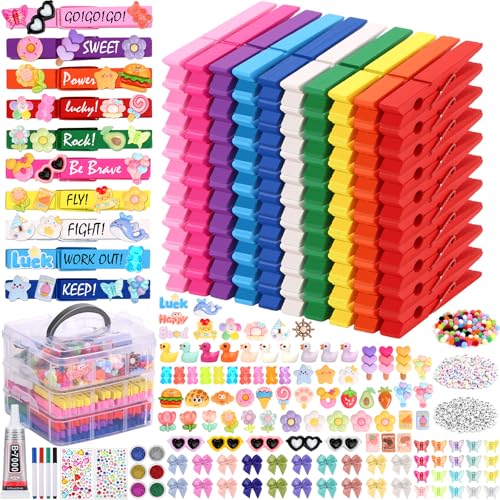 Cheer Pins Spirit Clips 100 Colored Clothes Wooden Pins 112 Mini Resin Charms Bows Sticker 300 Beads Pompoms Cheer Clothespins Decor Cheer Pin Making Kit for Ribbon Team Classroom Cheerleader Gifts
