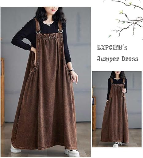Image of Boho Jumper Dress for Women Loose Version Baggy Style Maxi Length Adjustable Straps Wide Hemline Overall Dresses