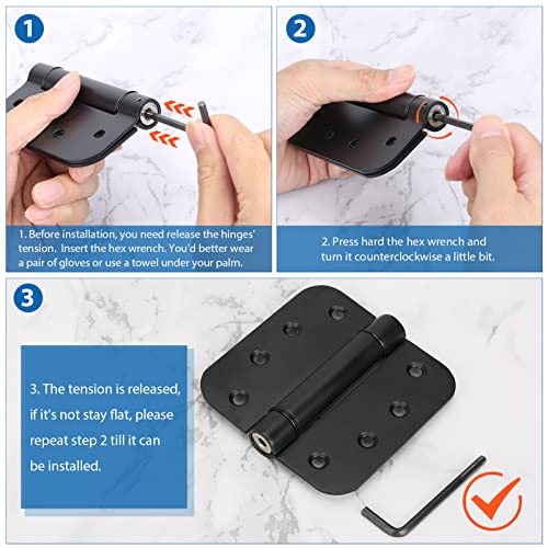 4'' Self Closing Door Hinge, 4 Inch X 4 Inch Spring Hinge, Stainless Steel Adjustable Door Hinges, With 5/8" Radius Corners, Commercial Auto Close Door Hardware Hinges, Pack Of 3 (Black) #TOP4