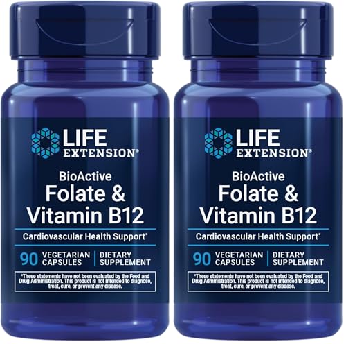 Image of Life Extension BioActive Folate & Vitamin B12,Promotes Heart,Brain & GI Tract Health,Non-GMO,Gluten-Free,Vegetarian,90 Capsules,(Pack of 2)