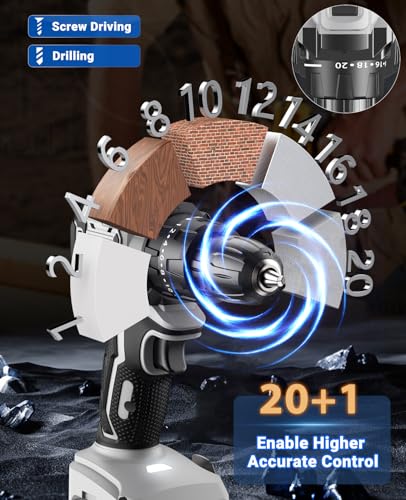Image of Cordless Drill 21V, Brushless Screwdriver with 2 Batteries 2.0Ah, 45N.m Percussion, 20+1 Torque Settings, 14 Accessories, 2 Speeds, for DIY, Grey