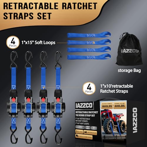 Image of 10FT Retractable Ratchet Straps(4-Pack) - 1 Inch (1800 LB Break Strength) Heavy Duty Self Retracting Ratchet Straps with Soft Loops & Storage Bag for Household, Motorcycle, Truck, ATV(Blue)