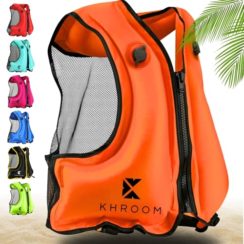 Khroom Chaleco de natación Hinchable Conforme a la última Norma de la EU | 150-210 cm de Altura Corporal, hasta 100 kg | Chaleco de flotabilidad para Adultos | Snorkel, Kayak y Sup (V2 Naranja)