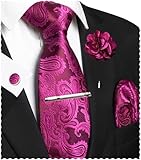 JEMYGINS Paisley Stickerei Design Krawatte Set Herren Einstecktuch Krawattenklammer Manschettenknöpfe Ansteckblume für Hochzeit Party Business Mehrfarbig Fuchsia
