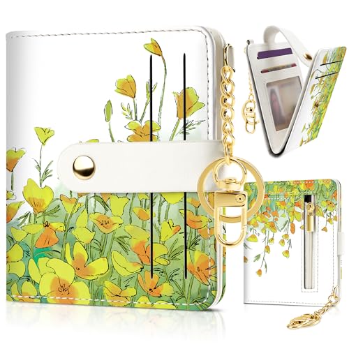 Sodsay Small Slim Wallet Women RFID Blocking, PU Leather Bifold Ladies Wallet with Zipper Coin Pocket, Thin Cute Travel Card Wallets for Girls, Golden Sunrise