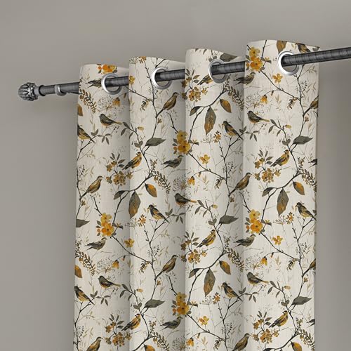 Image of LINENWALAS Decorative Printed Cotton Semi Sheer Curtains 6 Feet Long Set of 2 Panel, Eyelet Ring Hanging, Bird Printed Window Curtains for Living Room, Home Decor (L-6 x W-4.5 Feet, Birdie Bliss)