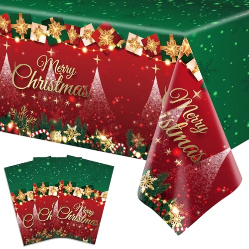 Image of 3-Piece 54 x 108 Inch Merry Christmas Plastic Tablecloth - Red and Green Design with Christmas Tree Holiday Decorations, Disposable Rectangle Table Cover for Xmas Party Supplies, Indoor Outdoor Decor