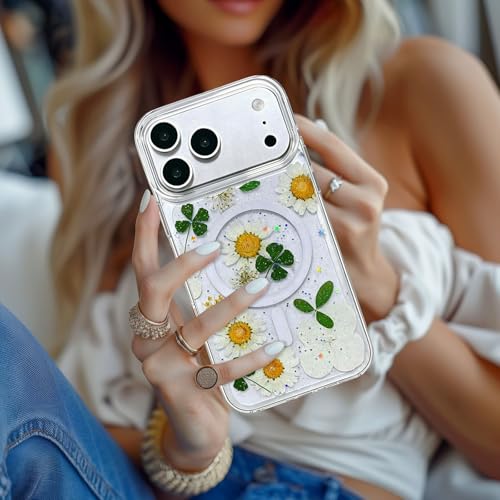 [Real Dried Flower]Magnetic Phone Cases for iPhone 17 Pro Case Clear Glitter Dried Pressed Flower Cute Design Soft Bling Sparkle Floral Case for iPhone 17 Pro for Women Girls(Daisy & Lucky Clover) by CEOKOK - Used condition - Image 4