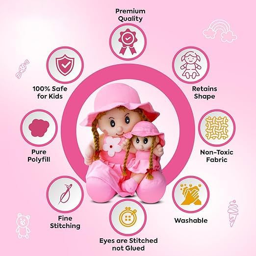 Image of Yellow Plush Doll Set, Stuffed Toy Dolls with Braided Hair and Sun Hats, Mother Daughter Matching Outfit, Girls Gift (Pink)