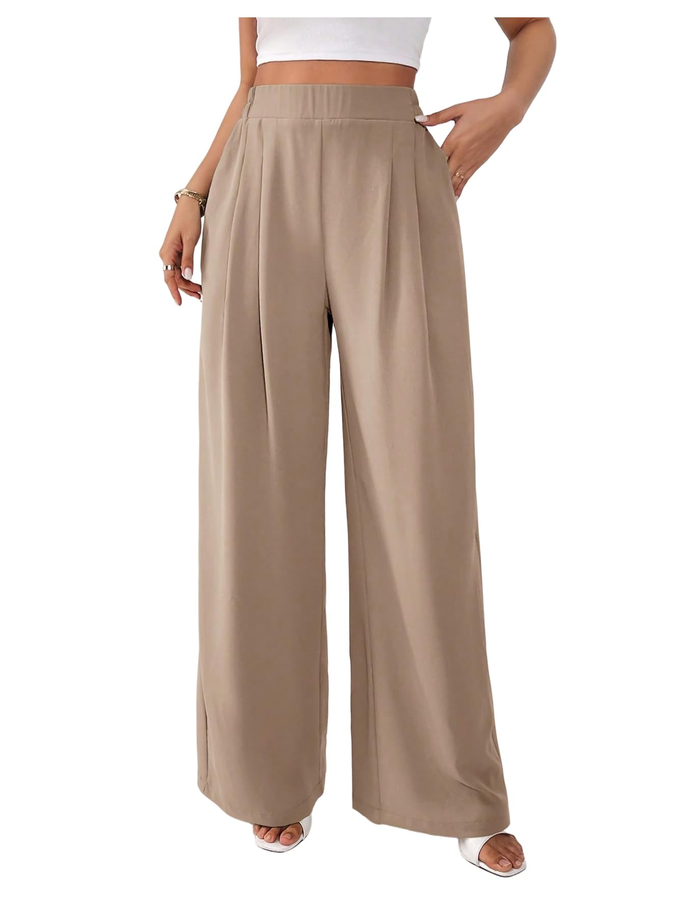 Floerns Womens Elegant Elastic Waist Trousers Straight Leg Business Casual Dress Pants
