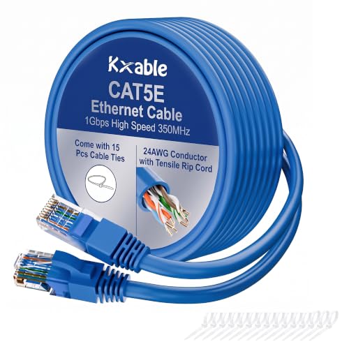 Kxable Cat5e Ethernet Cable 75 FT, Cat 5e Internet Cable, Blue Snagless Patch Cord, Flexible, Network, LAN, PoE, Standard RJ45 Connector for PC, Server, Router, Modem, TV, PS5 - with 15 Cable Ties