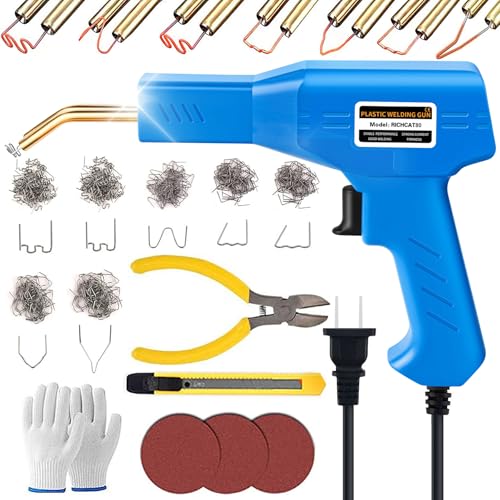 Richcat 80w プラスチック溶接機 カーバンパー修理キット 急速加熱 7種410本の溶接釘付きLED照明付き 自動車 ひび割れ 補修 内側コーナー/外側コーナー/ウェーブステープル 溶接修理