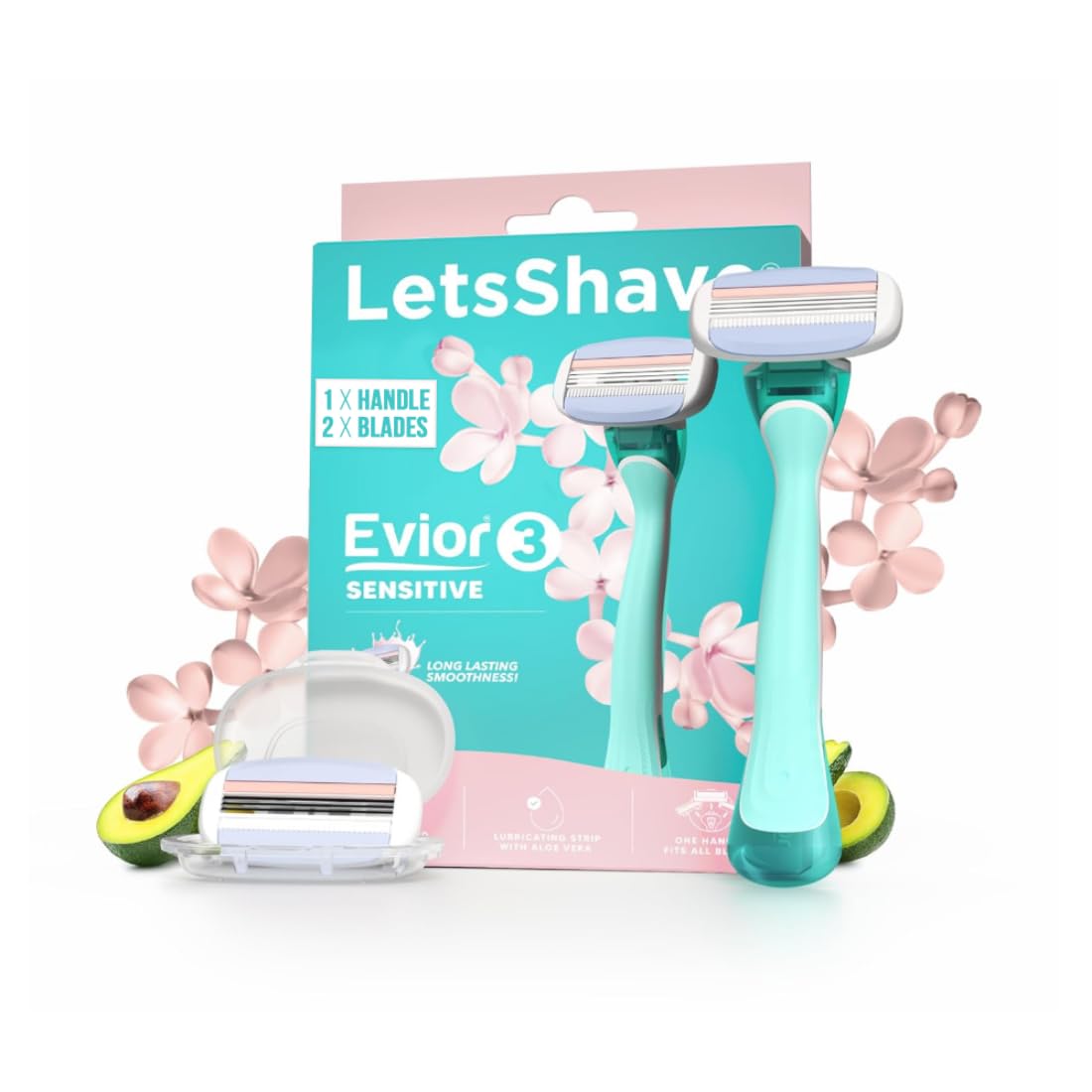Evior 3 Sensitive Shaving Razor for Women | 1 Handle + 2 Blades | Dual Moisture Bar with AloeVera, Vitamin E, Argan & Avocado Oils | Bikini & Underarm Friendly | Full Body Hair Removal Razor | 3 Months of Smooth Shaving