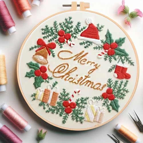 Image of Huacan Embroidery Kits for Adults Beginner DIY Cross Stitch Stamped Christmas Pattern Stitching Wreath Sewing Kit 1 Piece 7.8 x 7.8 Inch