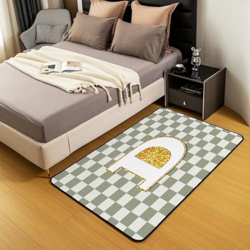 Image of Erosebridal Sage Green Checkered Area Rug 5x7 Plaid Initial D Living Room Rug Non Slip Personalized Monogram Carpet for Bedroom Kitchen Fashion Grids Gingham Indoor Floor Mat Non Slip