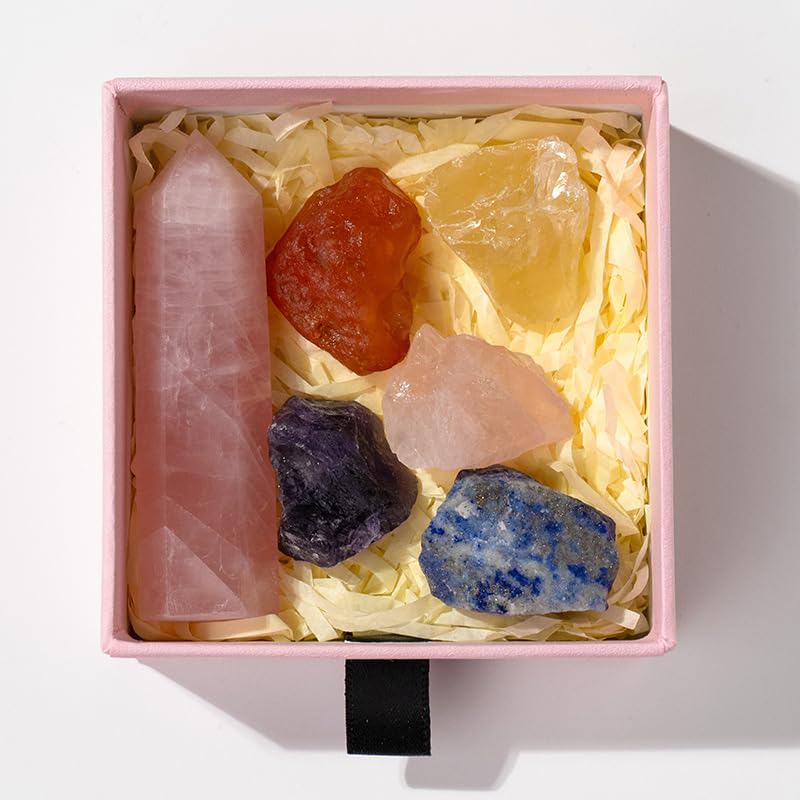 Namzi 1 Piece Natural Crystal Column raw Stone Set Box, Pink Single Pointed Crystal Stone Hexagonal Column Mineral Standard Set Box Yoga Stone Ornament