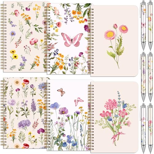 Image of Resurhang 6 Pack Floral Spiral Notebooks Wildflowers Preppy Journal Cute Aesthetic Hardcover Ruled Notebooks with Ballpoint Pens for Office School Day Classroom Prize Gifts, 5.5 x 8.3 Inch