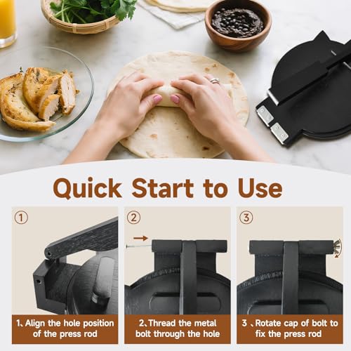 Image of Wooden Tortilla Press 10 Inch - Tortilla Maker Bamboo Prensa para Tortillas with 50 Parchment Paper & Dough Cutter, Mexican Tortillera Press for Homemade Corn Tortillas, Burritos, Taco, Roti (Black)