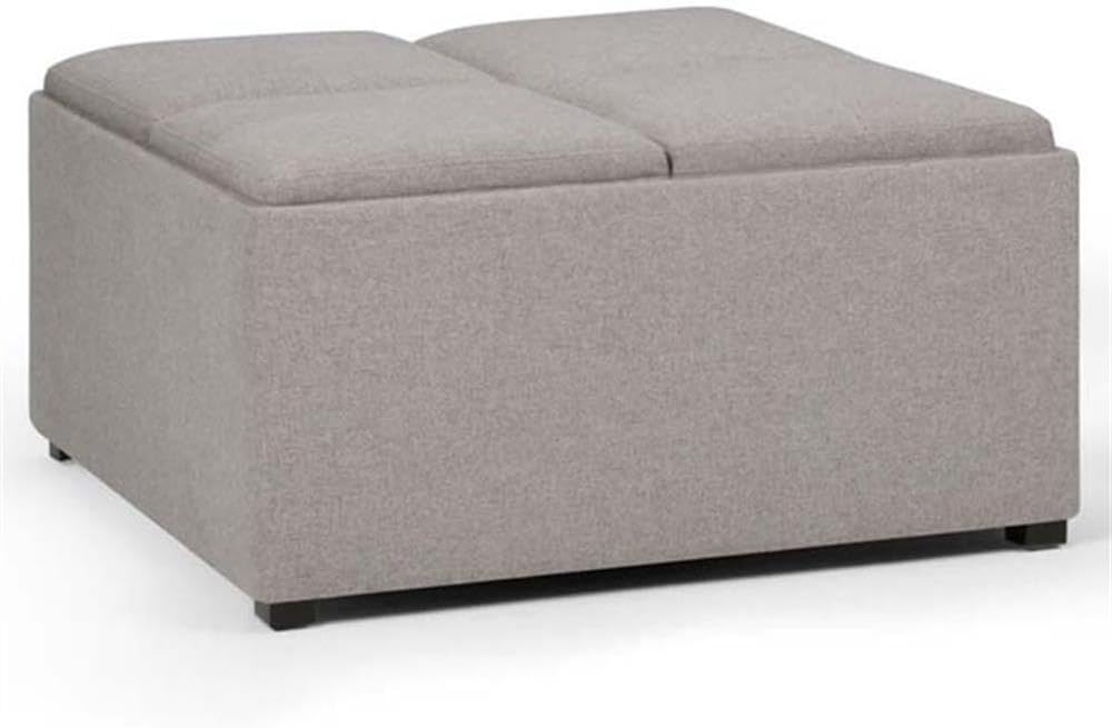 35"W Fabric Storage Ottoman with Lift Top and Serving Trays, Square Coffee Table with Hidden Space, Upholstered, Footrest with Large Storage Space, Cloud Gray Storage Chests with Wood Legs